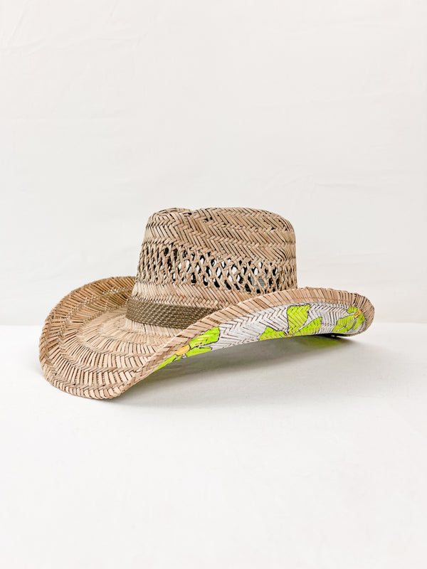 Straw Cowgirl Hat - Neon Green Daisies