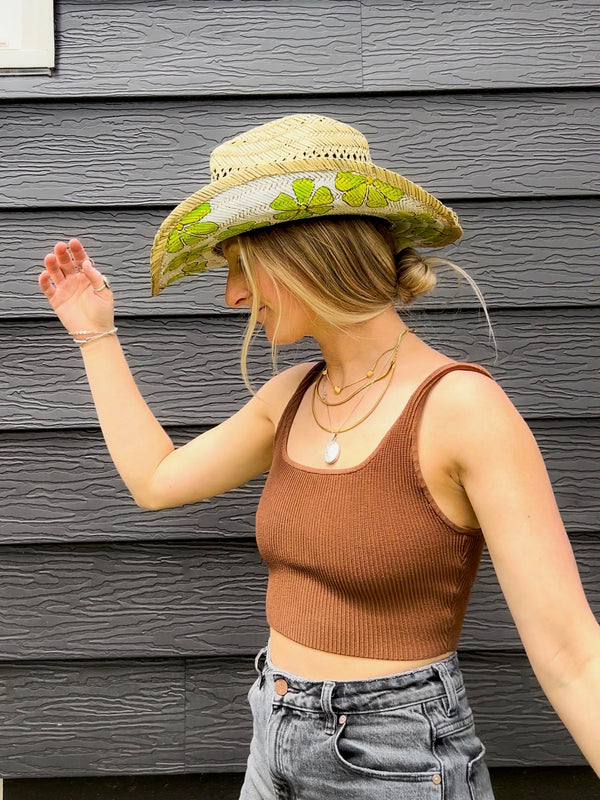 Straw Cowgirl Hat - Neon Green Daisies